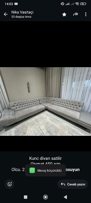 Kunc divan satilir Qiymət 450 azn Olcu. 2.20*2.55 sm Ünvan merdekan