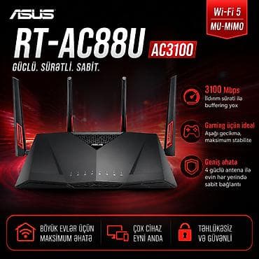 lan kabrl: ASUS dual-band Wi‑Fi router (qara/qırmızı dizayn, 4 xarici anten) — — 1