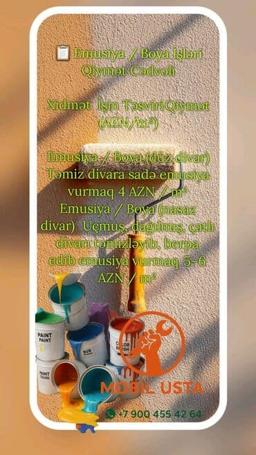 demir seyf qapi: Emulsiya/Boya işləri – divar və tavanların rənglənməsi Xidmətlər: - — 1