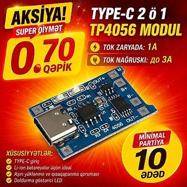 "TP4056" şarj modulu. ⛔Qiyməti 0.70 qəpik.⛔ Type-C 5 v 1A 18650 Litium