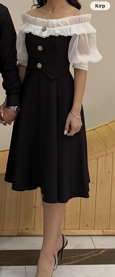 xonca bezekleri: Qara-ağ zərif midi don (1defe geyinilib) - Dizayn: Off-shoulder (açıq — 2