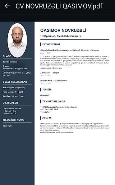 administrator işi axtarıram: Xidmət: 1C operatoru / Mühasib köməkçisi Peşəkar bacarıqlar: - 1C — 1