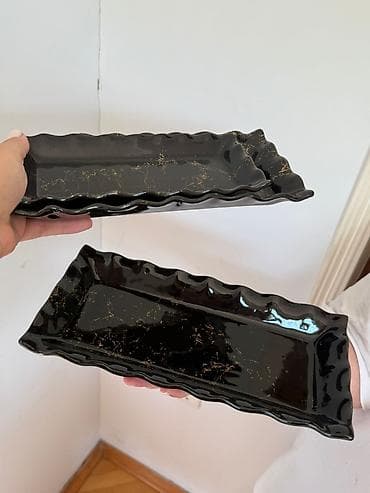 Qara mərmər naxışlı düzbucaqlı servis boşqabları – 3’lü dəst - Rəng — 2