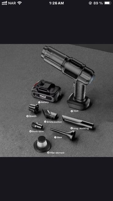 фен с вращающейся щеткой: Qara rəngdə, kompakt ölçülü, simsiz tozsoran. Müxtəlif başlıqları — 5