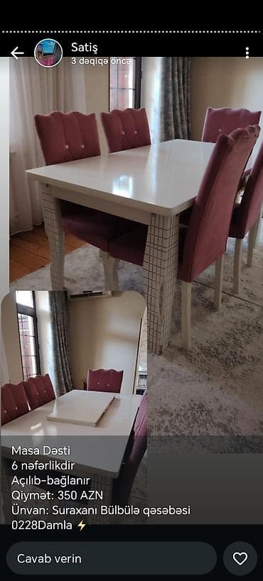 istolar: Qonaq otağı üçün, Açılan, Dördbucaq masa, 6 stul — 3