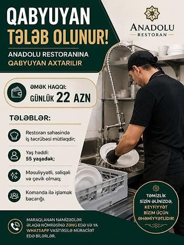 Əməkdaş axtarışı (vakansiyalar): Qabyuyan tələb olunur, Ayda 2 dəfə ödəniş, İstənilən yaş — 1
