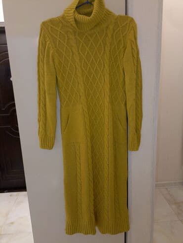 Qış üçün trikotaj uzun paltar/sviter-don - Rəng: xardal-sarı - Model