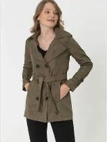 Qadın trençkot – zeytun/xa ki tonlarında, beldə bağlama kəməri ilə - — 1