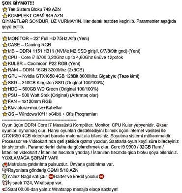 stolustu komputer satilir: ŞOK QİYMƏT!!! ⭐Tək Sistem Bloku 749 AZN ⭐KOMPLEKT CƏMİ 849 AZN — 6