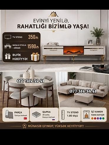 Evin üçün mebel dəsti - TV stend: 1.80 m ölçü, dekorativ içi “kamin”