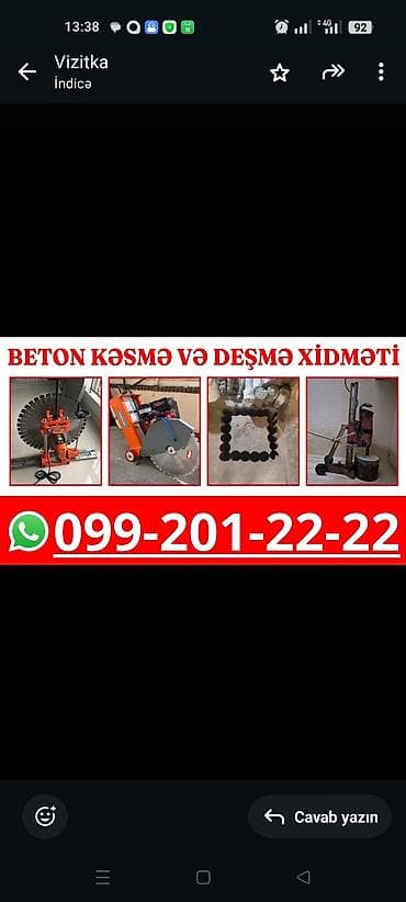 👇 Birbaşa zəng edin. 📞 099 - 201 - 22 - 22 🌐 Beton kəsmə və deşmə