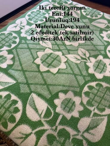 deve yunundan yorgan: Iki terefli yorgan Eni:144 Uzunluq:194 Material:deve yunu 2 eded(tek — 2