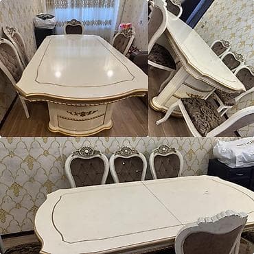 ag masa: Qonaq otağı üçün, İşlənmiş, Açılan, Oval masa, 6 stul — 1
