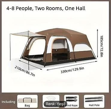 Dəbilqələr: 4–8 nəfərlik böyük ailə çadırı – 2 otaq + 1 zal Ölçülər: - Uzunluq — 1