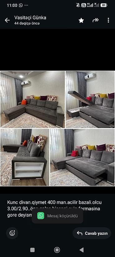 Ev üçün mebel: Kunc divan.qiymet 400 man.acilir bazali.olcu 3.00/2.90. önə gələn — 1