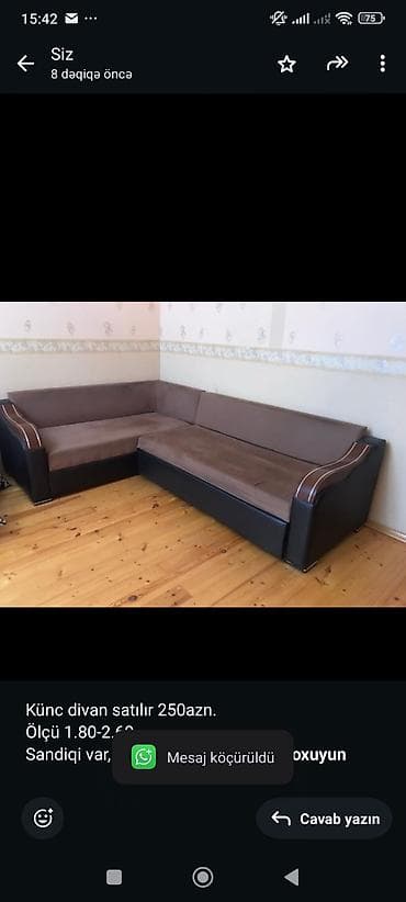 setkalarin satisi: Künc divan satılır 250azn. Ölçü 1.80-2.60 Sandiqi var,kitab kimi — 1