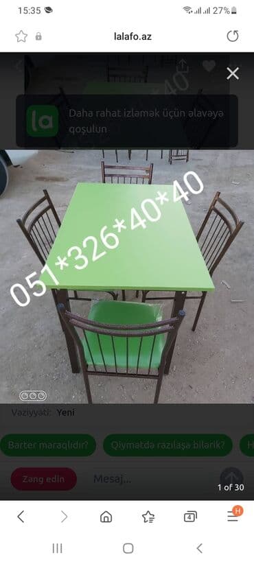 Masa və oturacaq dəstləri: Qonaq otağı üçün, Yeni, Dördbucaq masa, 6 stul — 18