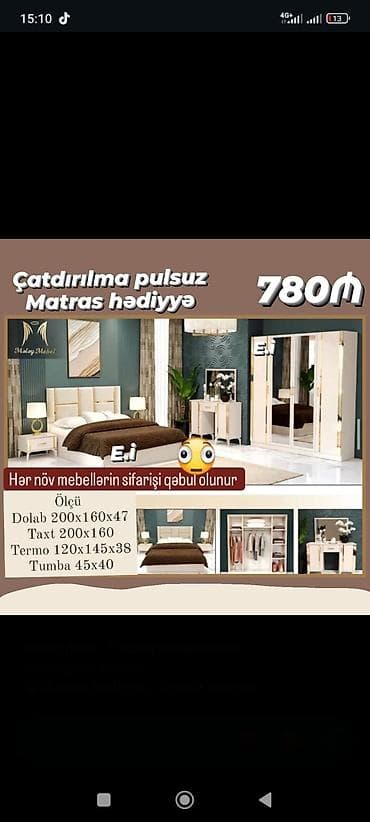 dola: Yataq otağı mebeli – tam dəst Dəst tərkibi və ölçülər: - Dolab: 200 x — 2
