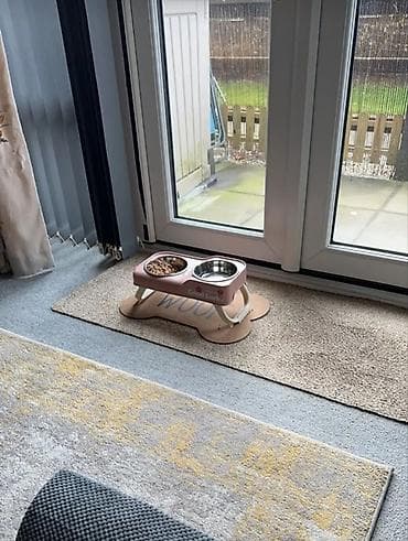 agilli yem qabi: Yeni, pişik və it yemək və su qabısı. ikili keramik qab taxta altlıqla — 4