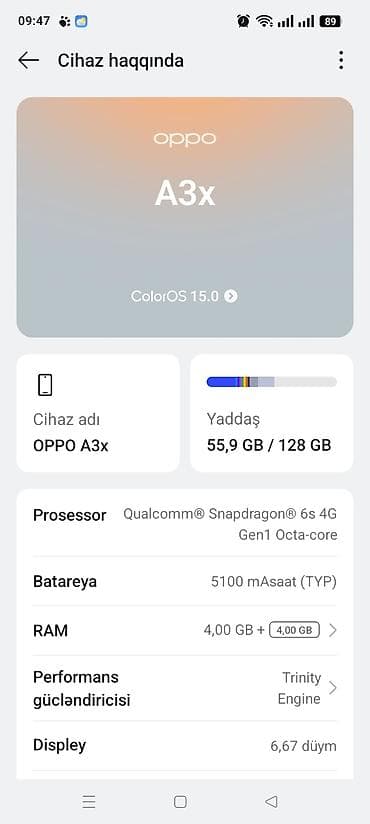 honor 10i ekran: Oppo A3x, 128 GB, rəng - Mavi, Sensor, Barmaq izi, İki sim kartlı — 4