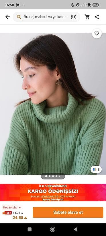 Yarımboyun qadın sviteri – açıq yaşıl (mint) rəngdə, qalın rezin — 2