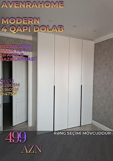 divar şkafları: Düz dolab, Yataq otağı üçün, Paltar üçün, Açılan, Korpuslu, 4 qapılı — 4