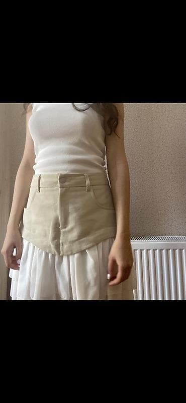 Crop və ətək dəsti Bej rəngli mini ətək-şort (skort) – yüksək bel