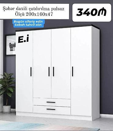alça: Ağ rəngdə 4 qapılı paltar dolabı - Ölçü: 200×160×47 sm - Sadə və — 1