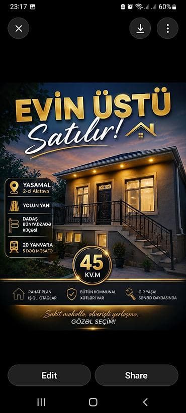 kireditle ev: 2-ci Alatava 2 otaqlı, 45 kv. m, Yeni təmirli — 1