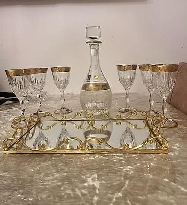 CREART kristal qədəh və qrafin dəsti + güzgülü qızılı metal felli