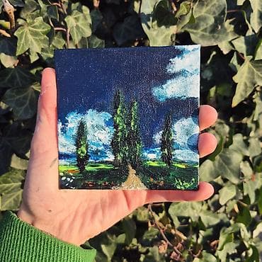 Velosiped ehtiyyat hissələri: Mini akril boya tablo – “Səksərən səmalar və selvi ağacları” - Ölçü — 7