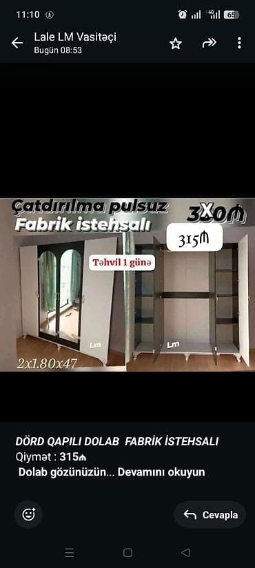 isqaf: _*DÖRD QAPILI DOLAB*_ _*FABRİK İSTEHSALI*_ Qiymət : *315₼* *Dolab — 1