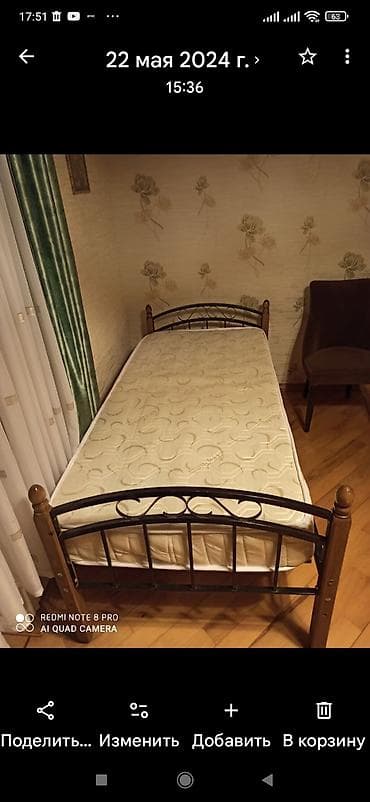 tek taxt: Tək nəfərlik dəmir çarpayı və döşək dəsti. - Ölçü: təxminən 90×200 sm — 1