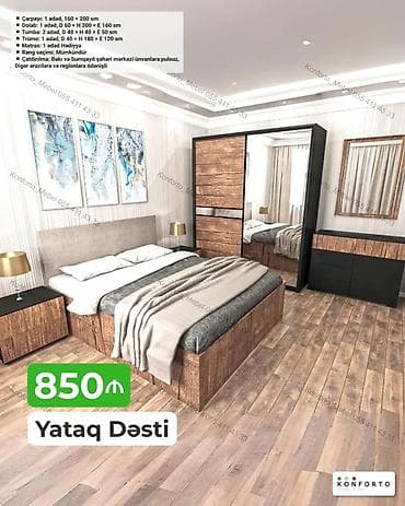 Yataq Dəsti – 850 ₼ Tərkibi və ölçülər: - Çarpayı: 1 ədəd, 160 × 200 — 1