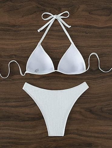 qiz papagi: Ağ rəngli iki hissəli bikini dəsti Üçbucaq kəsimli, boyundan bağlanan — 2