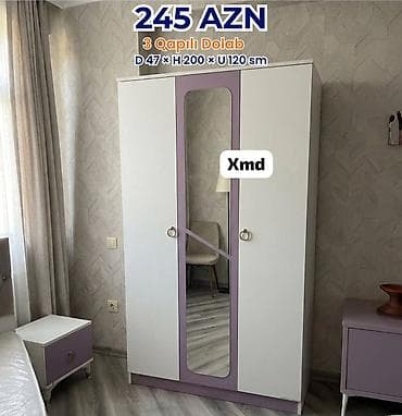 yatag otagi: 3 qapılı şkaf – D 47 × H 200 × U 120 sm - Rəng: ağ və bənövşəyi — 1