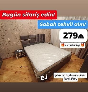 Yataq dəsti – müasir dizaynlı, yumşaq başlıq və qızılı dekor xətləri — 1