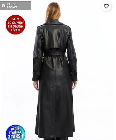 deri plas: Qadın uzun dərimsi trençkot – qara - Model: İkiqat düyməli, kəmərli — 3