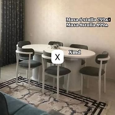Ağ rəngdə oval yemək masası və stul dəsti. Minimalist-modern dizayn — 1