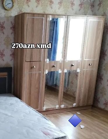 Yeni, 4 qapılı, Güzgülü, Qəhvəyi, Digər material, Açılan, Düz dolab