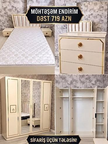Yataq otağı mebel dəsti – elegant krem rəngli, qızılı dekor xətləri və