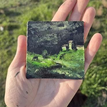 Velosiped ehtiyyat hissələri: Miniatür akril boya tablo – “Yaşıl Təpələr” - Orijinal əl işi mini — 4