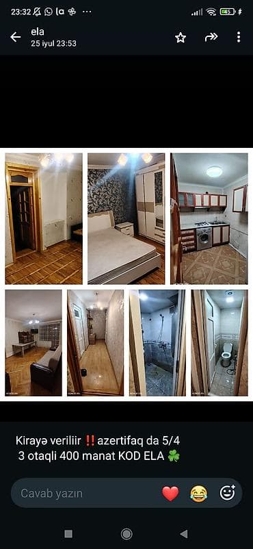 gen: Kirayə mənzil – Azərtifaq, 5/4 mərtəbə, 3 otaqlı Qiymət: 400 AZN — 1