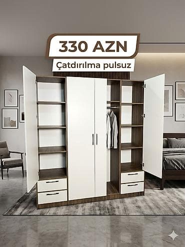 4 qapılı, Siyirməli, Ağ, Açılan, Düz dolab