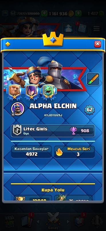 Əskinaslar: Clash Royale hesabı – “ALPHA ELCHIN” - Kral səviyyəsi: 62 - Klan — 1