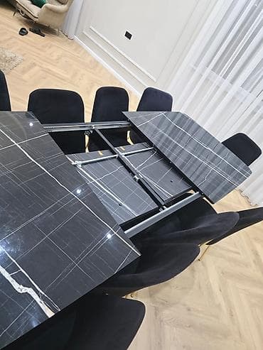 qonaq stulu: Qara mərmər naxışlı, açılıb-bağlanan yemək masası dəsti - Dizayn — 2