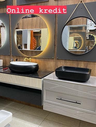 Vanna otağı üçün müasir dəstlər - Asma hamam mebeli: parlaq qara və