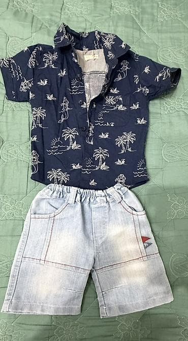 Uşaq yay dəsti - Qısaqol köynək: tünd mavi rəngdə, ağ naxışlı tropik — 1