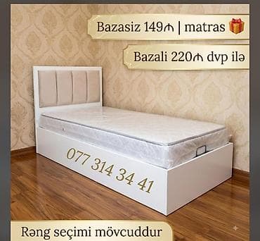 tek carpayilar qiymeti: Tək nəfərlik modern çarpayı – ağ rəngdə, yumşaq başlıqla. Kompakt — 1