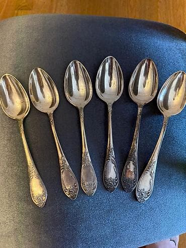 abedni servisler: 6 ədəd dekorativ naxışlı çay qaşığı dəsti - Material: metal (gümüşü — 1